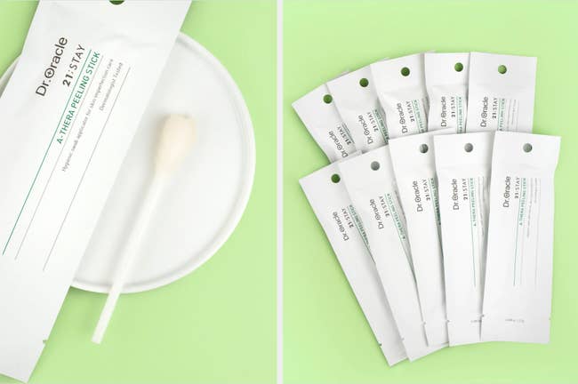 White package with white stick on a green background, 10 packages of product on a green background