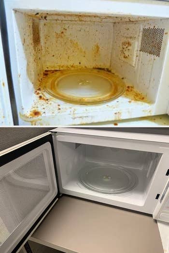on the top, a reviewer's microwave looking dirty, and on the bottom, the same reviewer's microwave looking clean after using the angry mama