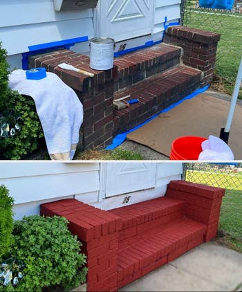 before/after of some brick steps looking old and brown, then renovated using a red color of the paint
