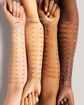 the 50 shades swatched on four models with different skin tones