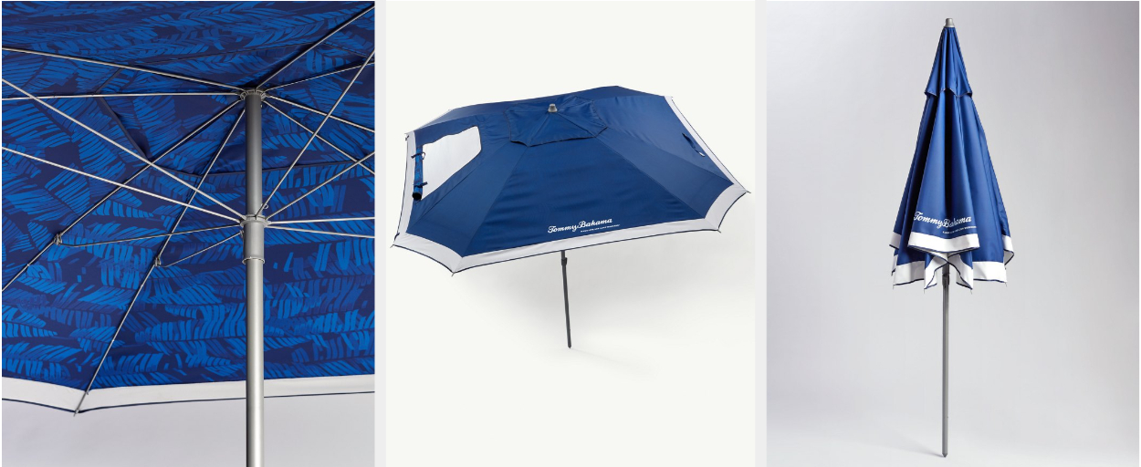 Three images of the blue Tommy Bahama beach umbrella