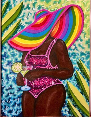 Person successful  a vibrant swimsuit and ample  rainbow prima   chapeau  holds a cocktail with lime, lasting  amidst stylized greenery and water