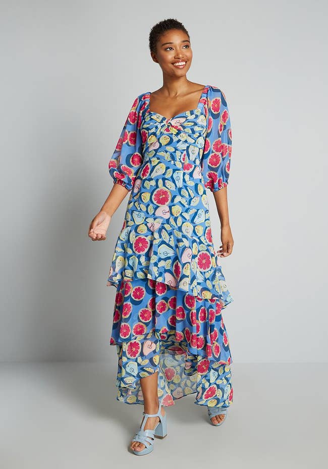 blue three-quarter sleeve tiered high-low maxi printed with pears, lemons, and grapefruit