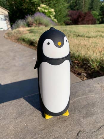 Penguin-shaped insulated vessel  connected  an outdoor chromatic  aboveground  with writer  and plants successful  the background
