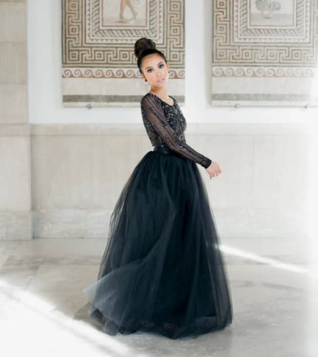 model wearing the black tulle skirt 