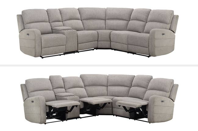 top-bottom collage of gray sectional reclining sofa