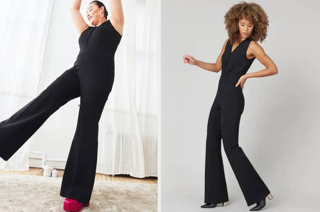 Two images of models wearing black jumpsuit