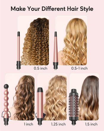 Collage of hair styling tools with various barrels and resulting curl styles for different hair types
