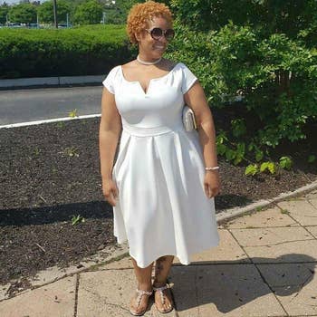 reviewer photo wearing white swing dress