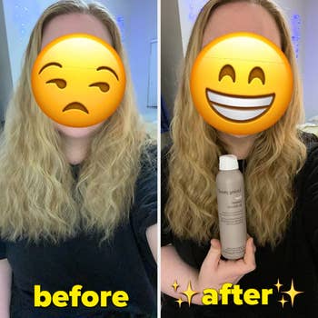 reviewer before photo of hair looking frizzy after sleeping with braids, then after looking smoother and more defined when using the spray