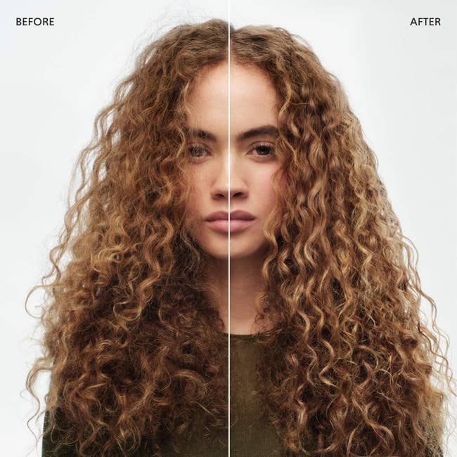 Before-and-after representation showcasing a model's hairsbreadth transformation, highlighting enhanced curl explanation and volume