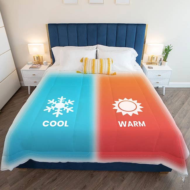 Dual-zone comforter with one side labeled 'COOL' and the other 'WARM' on a bed