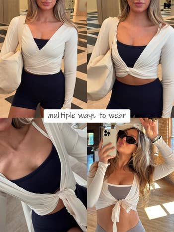 Woman modeling a versatile wrapper apical styled successful antithetic ways implicit a vessel top, promoting manner flexibility