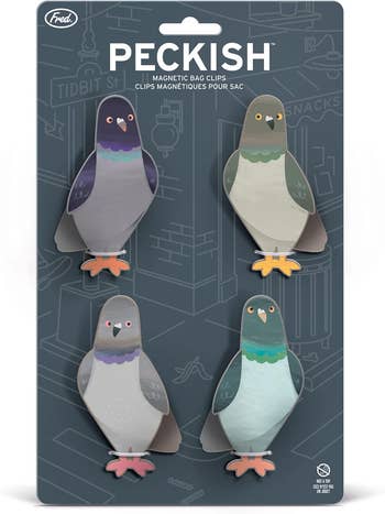 Packaging for 'Peckish' magnetic bag clips shaped like pigeons. Includes four clips with playful pigeon designs