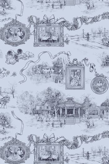 close up of the print of the bag with illustrations all over it