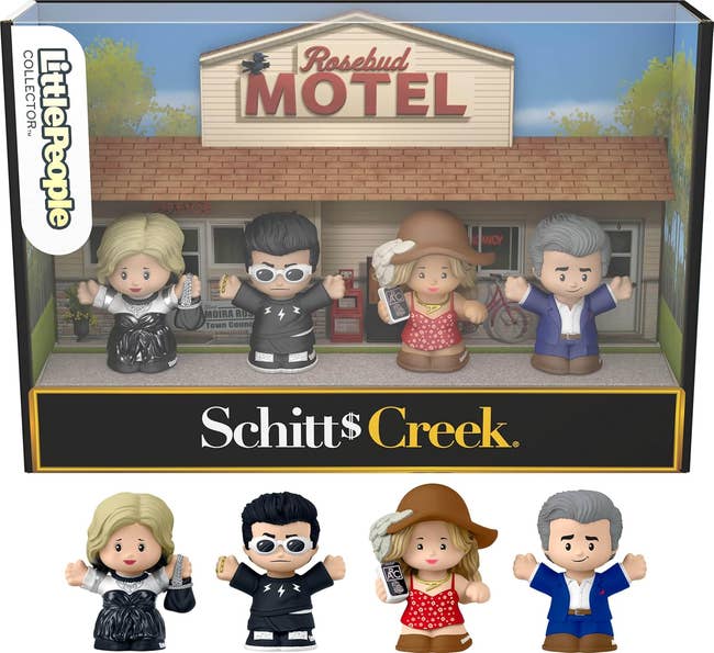 Toy figures inspired by Schitt's Creek characters: Moira, Johnny, David, and Alexis, in front of the Rosebud Motel backdrop