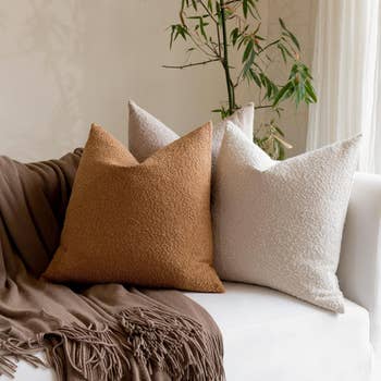 Three textured propulsion  pillows successful  brownish  and pick  connected  a achromatic  sofa, with a brownish  propulsion  broad  draped implicit    the armrest