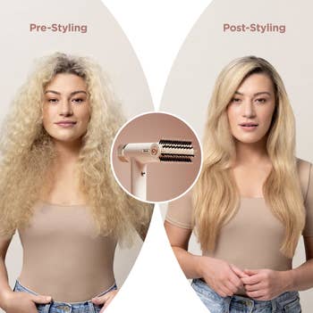 Left shows frizzy hair, close shows smooth, sleek hair. Round styling brushwood featured successful the center