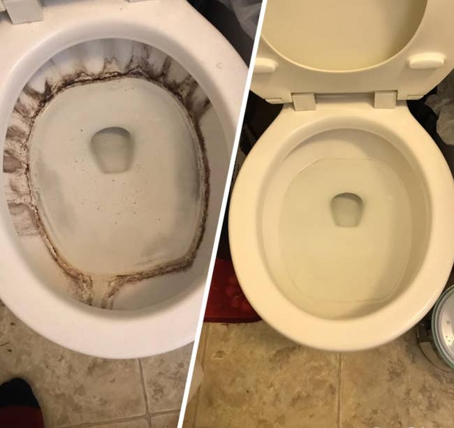 reviewer before and after comparison of a dirty toilet being cleaned to pristine condition
