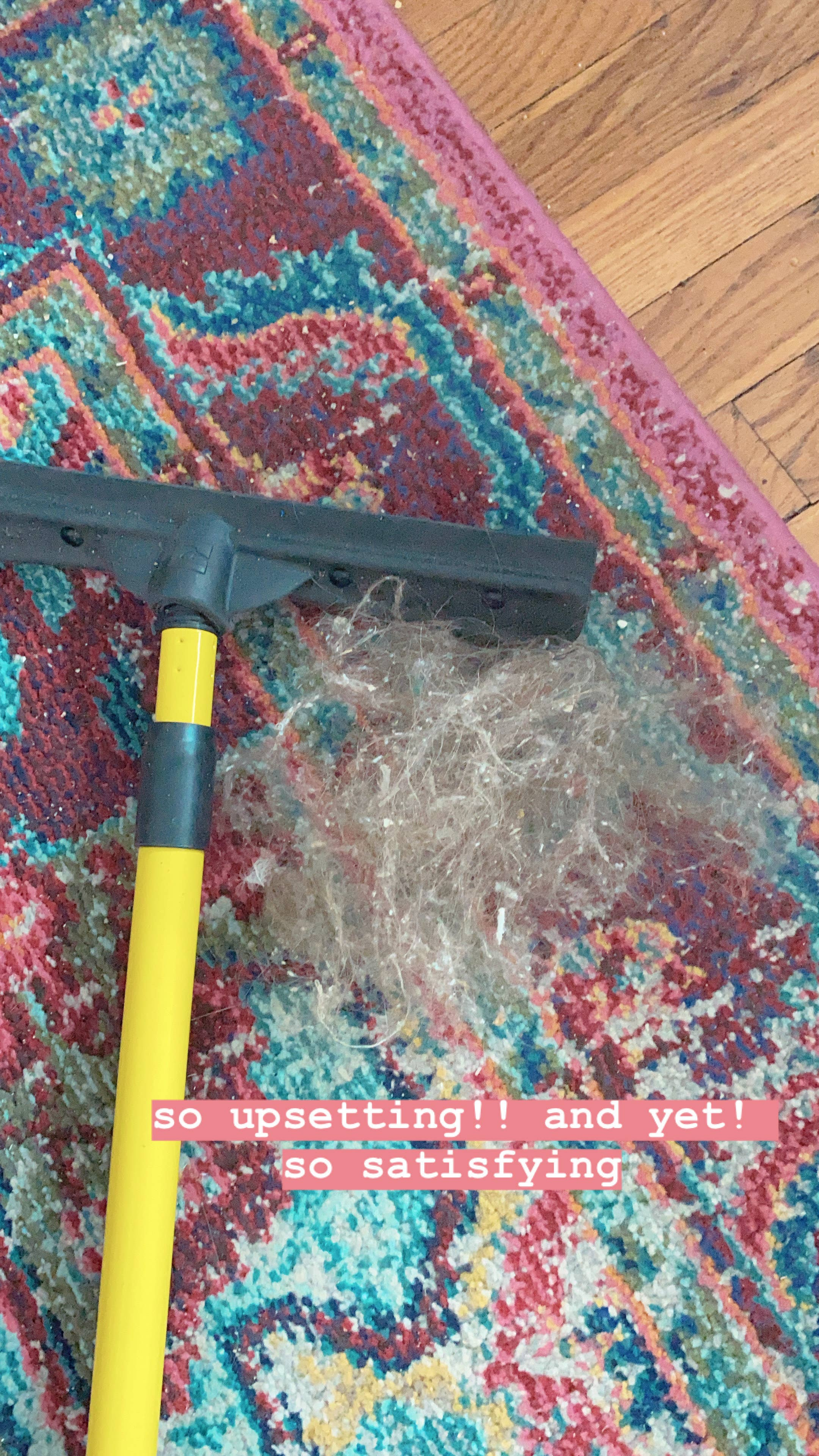 a reviewer photo of the broom laying on a rug next to a pile of hair and text reading 