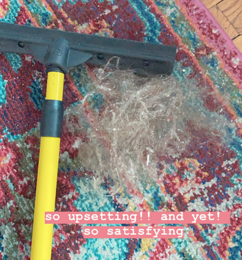 a reviewer photo of the broom laying on a rug next to a pile of hair and text reading 