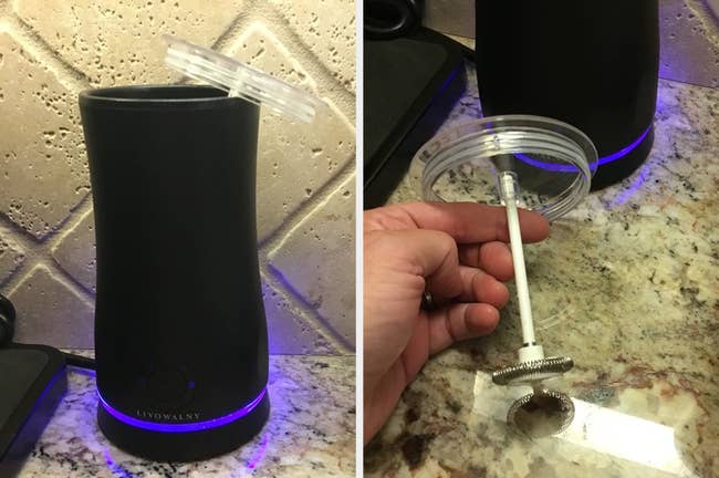 Reviewer image of black and blue light up coffee steamer with transparent lid, reviewer holding lid and frother net 