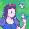 白雪公主安详地微笑着，看着一只鸟栖息在她的手上