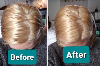 problem solving products Reviewer before using the dry shampoo powder, with visibly oily, fine blonde hair, and after using it with hair looking fresh and non-greasy