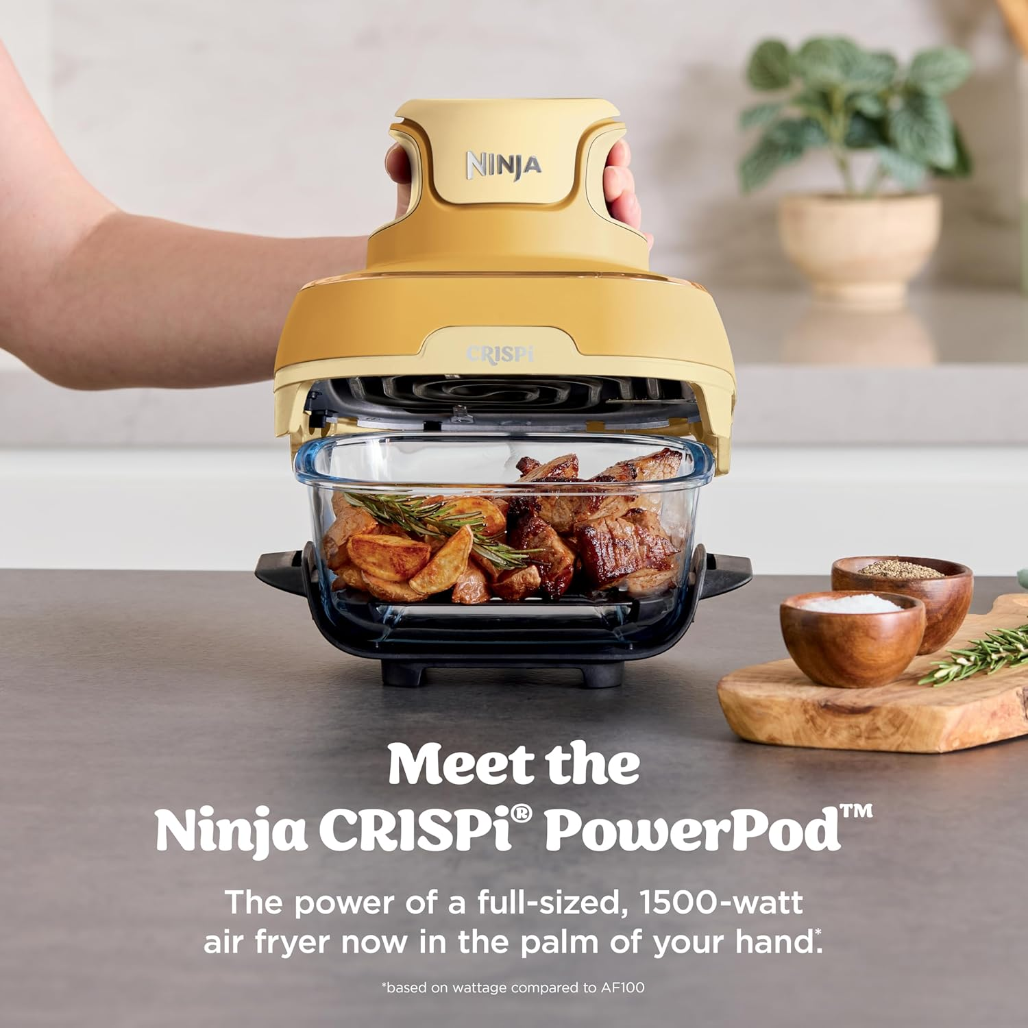 Ninja CRISPi PowerPod aerial  fryer with cooked chickenhearted  and veggies connected  a countertop. Text highlights its 1500-watt powerfulness  and compact design