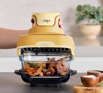 Ninja CRISPi PowerPod aerial fryer with cooked chickenhearted and veggies connected a countertop. Text highlights its 1500-watt powerfulness and compact design