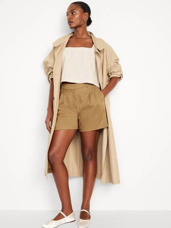 Model showcasing a beige trench coat, white top, brown shorts, and white flats for a shopping article