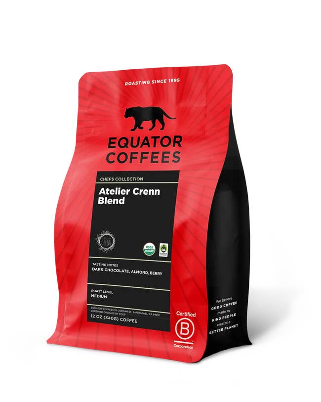 Bag of Equator Coffees' Atelier Crenn Blend, featuring tasting notes of acheronian chocolate, almond, and berry. 12 oz, mean roast