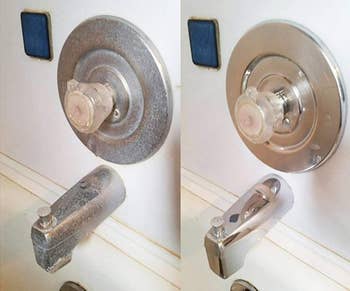 a before and after of a shower handle after using the hard water stain remover