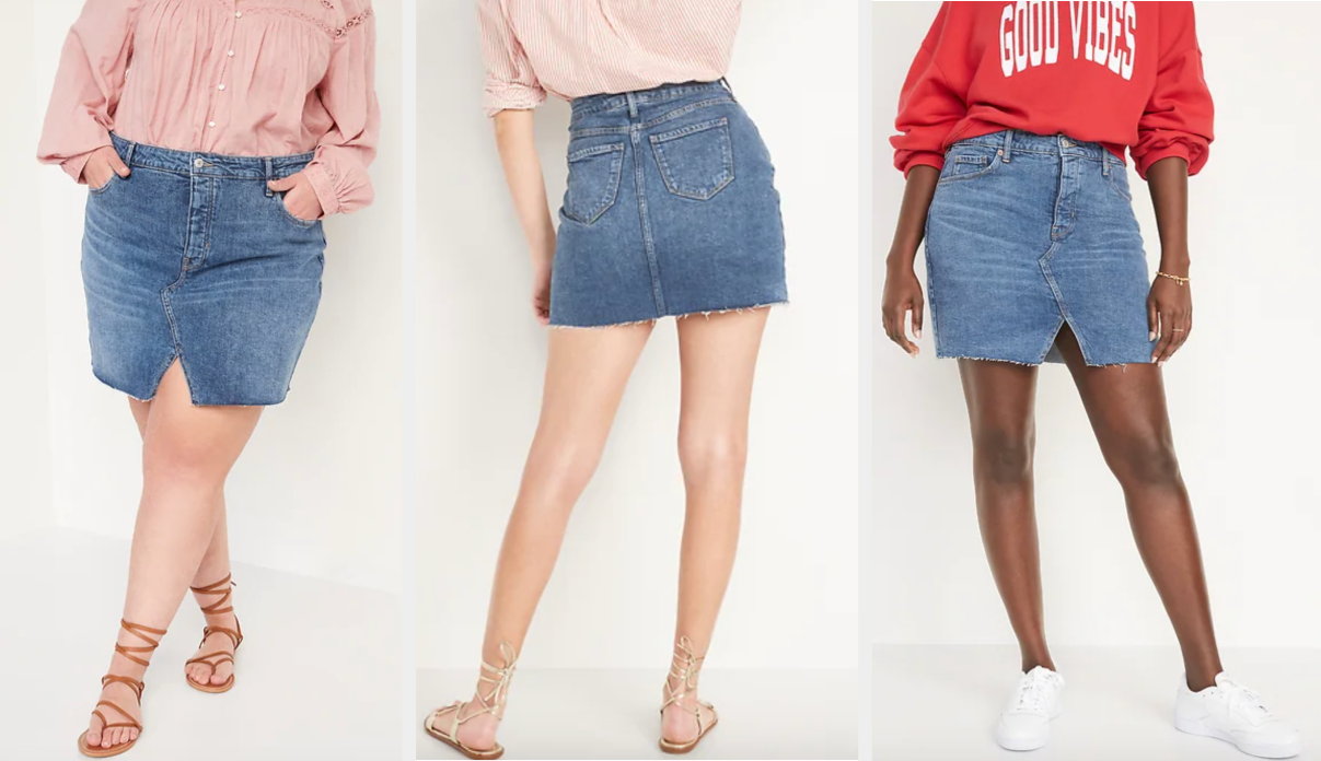 Three images of models wearing the blue denim skirt