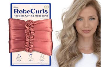 RobeCurls heatless curling headband packaging next to a woman showcasing curls. The product is worn for curling hair without heat