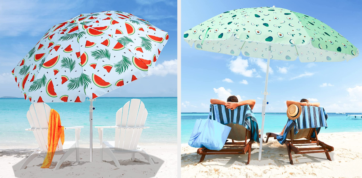 Two images of watermelon and avocado umbrellas