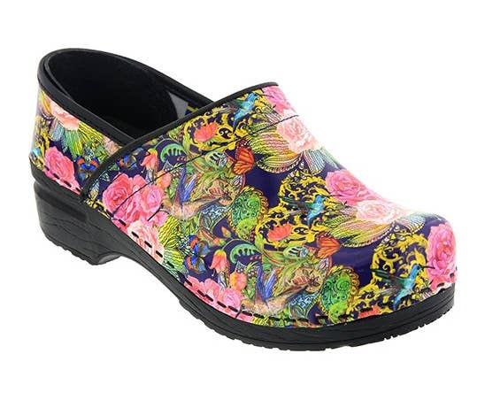 colorful floral-print clogs with butterfly pattern throughout and black heel