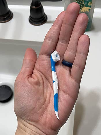 Reviewer holding one of the disposable toothbrushes in their hand