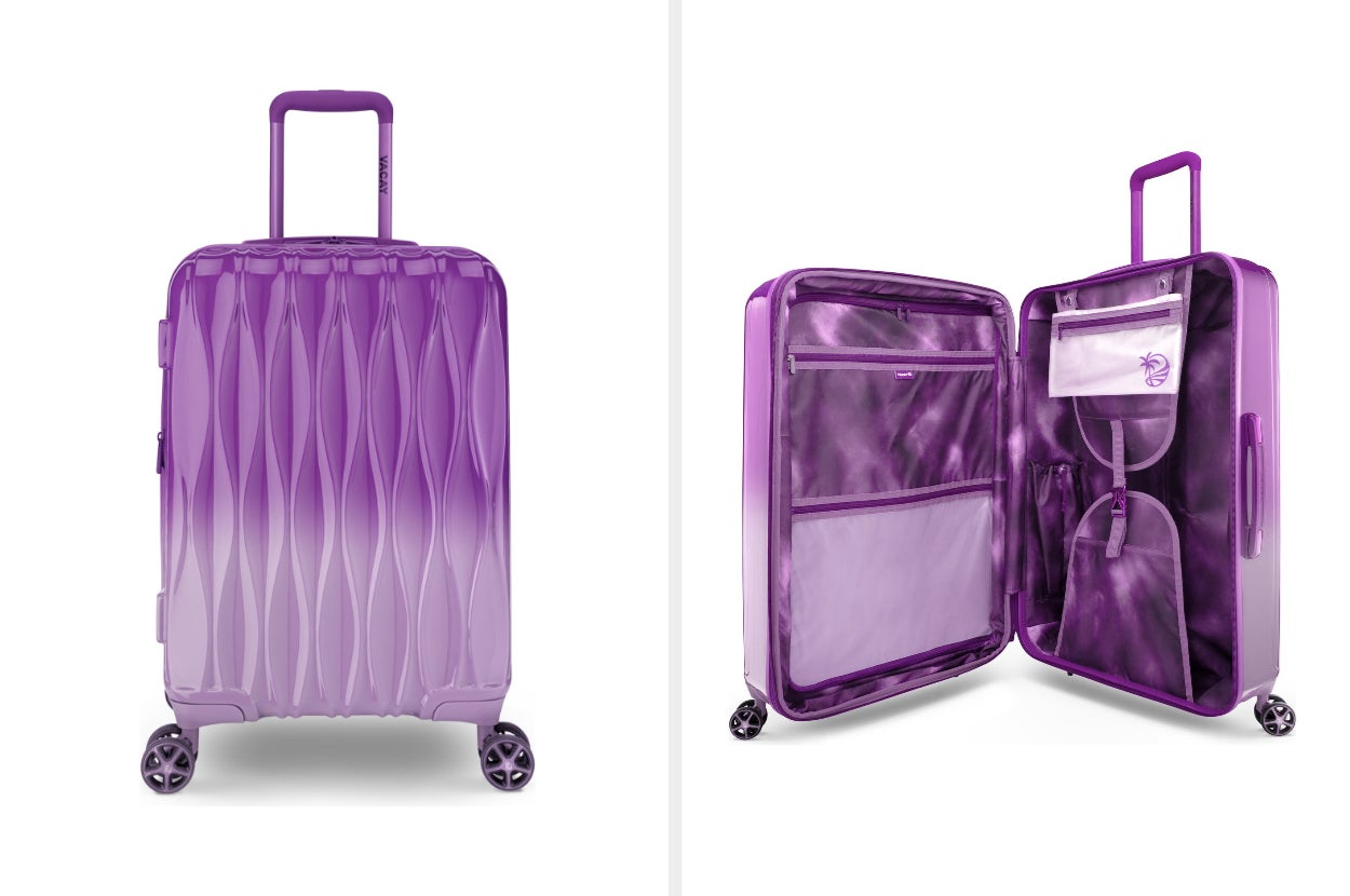 collage of exterior and interior of purple ombre hardshell luggage suitcase