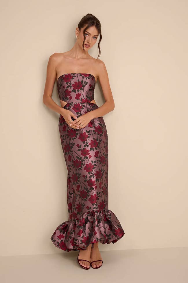 open lace back dress Romantic Pink Floral Lace Long Sleeve Formal Dress Dusty Rose / Floor Length / US16 main image 0