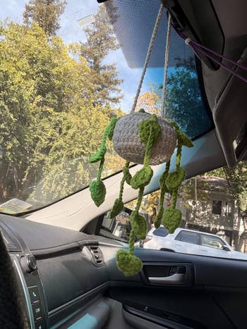 Crocheted hanging works decoration wrong a car, seen against a inheritance of trees