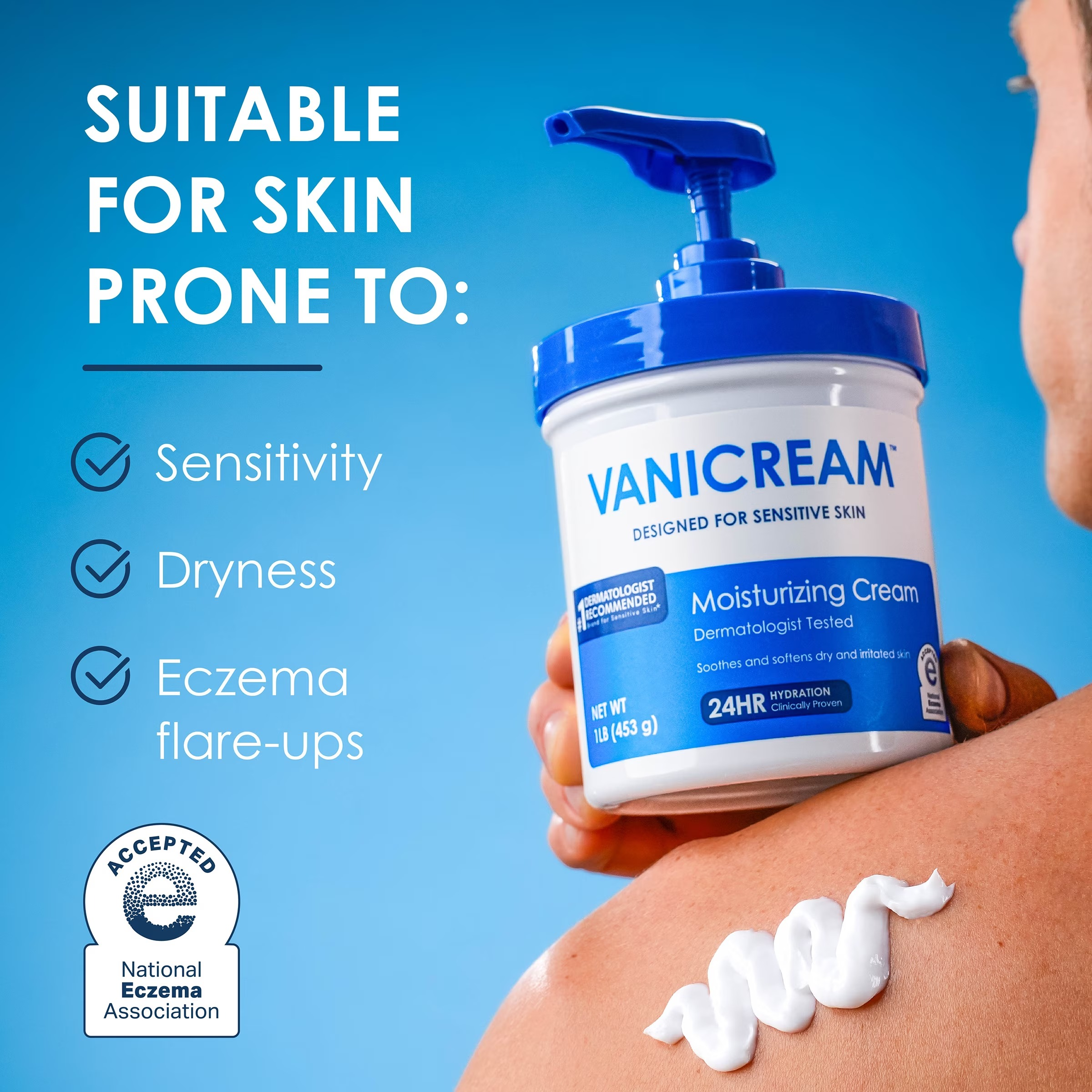 Person applying Vanicream Moisturizing Cream to shoulder, emphasizing benefits for delicate  skin, dryness, and eczema. National Eczema Association approved