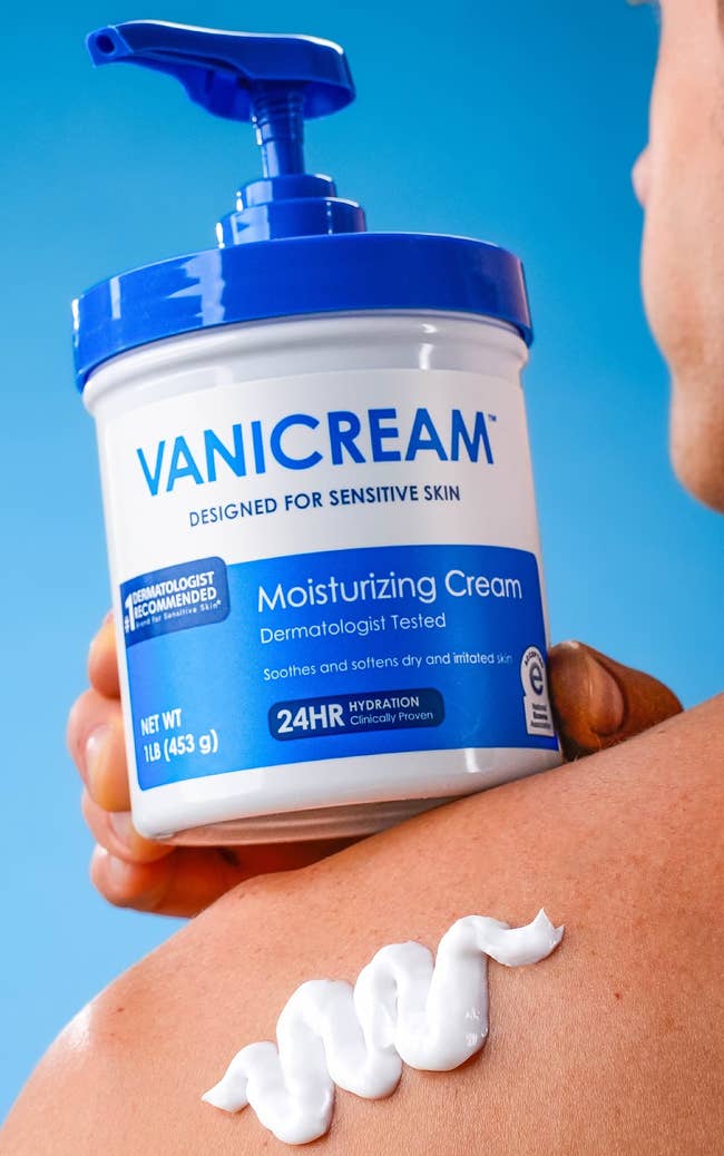 Person applying Vanicream Moisturizing Cream to shoulder, emphasizing benefits for delicate skin, dryness, and eczema. National Eczema Association approved