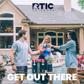 Three friends by a poolside, one pouring a drink from an RTIC cooler, with text 