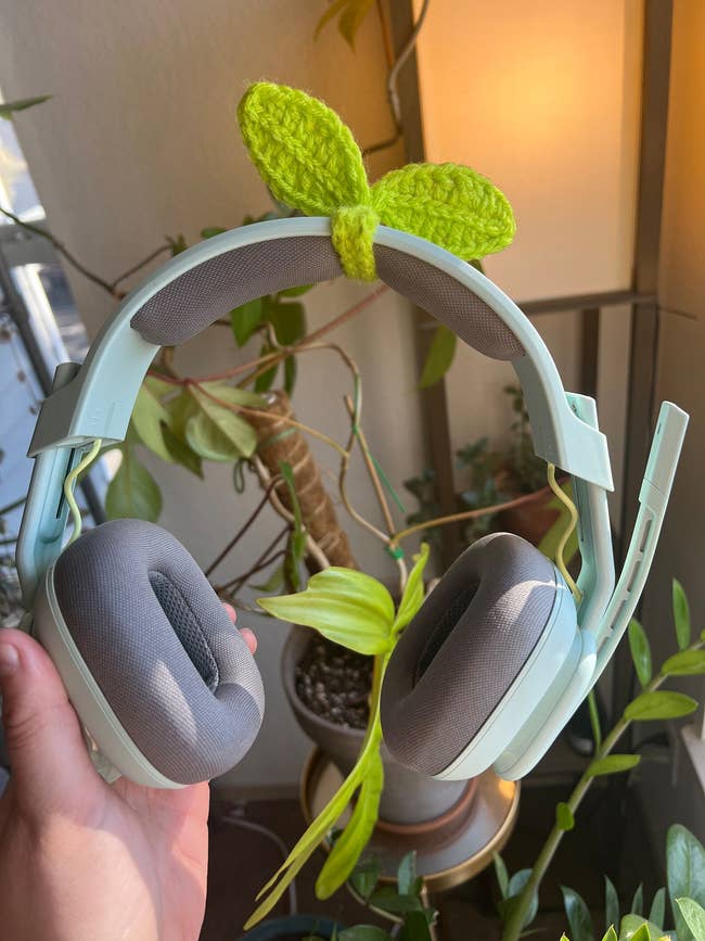 A brace  of headphones with grey  receptor  cushions and a greenish  crocheted bow connected  top, held successful  beforehand   of potted plants