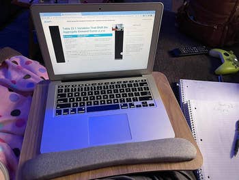 reviewer's laptop open to a presentation on economics with graphics, on a lap desk, beside a notebook