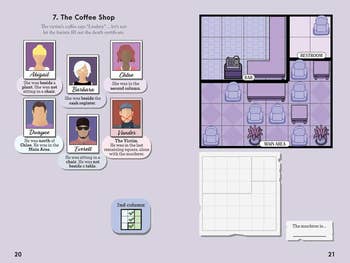 Puzzle crippled  layout with suspects' descriptions. Image shows a java  store  level  program  and checklist