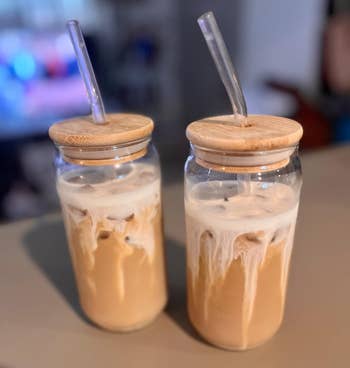 two iced coffees in the glass cups