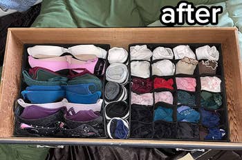 same reviewer's after photo showing the drawer looking neat with the organizers holding various items