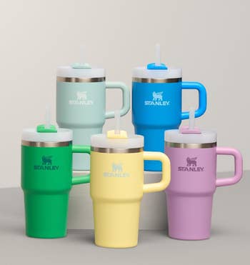 Five Stanley tumblers with handles and straws successful  divers  pastel shades, arranged successful  a pyramid signifier   connected  a neutral background. Perfect for stylish hydration